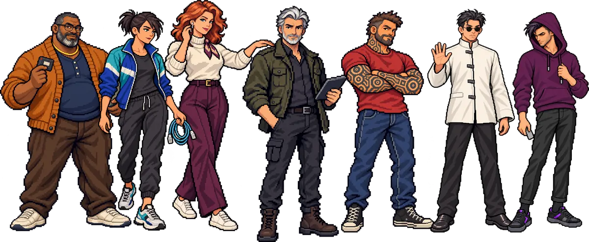 Das Squad: sieben Comic-Charaktere stehen nebeneinander